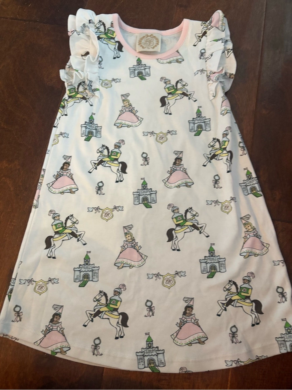 The Beaufort Bonnet Company White dress with Pink, Green & Gray Castle Print